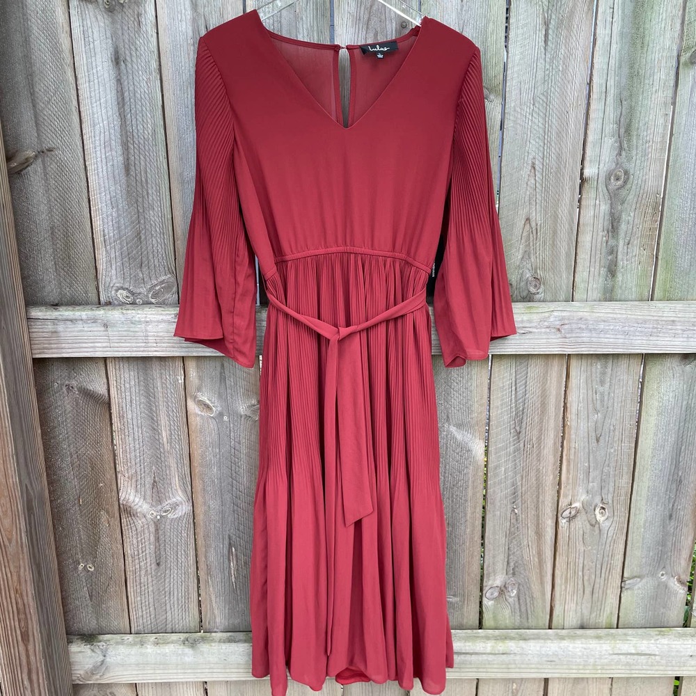 Lulus Women Midi Dress Belted V-Neck Elastic Waist Red Size Large NWT